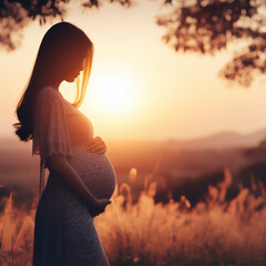 Pregnant woman in nature background. Silhouette of pregnant woman in dress in sunlight of sunset. ai generative