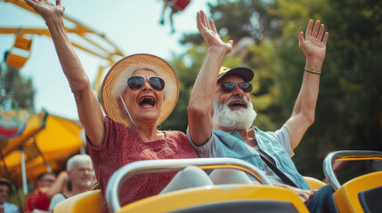 Elderly senior couple traveling at an amusement park, roller coaster Vikings joyful, Elderly society, father and mother travel - obrazy, fototapety, plakaty