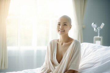 Portrait of Young woman with cancer and without hair in hospital