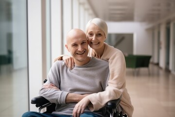 Man with cancer with his mother in hospital on wheelchair