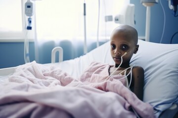Little girls without hair with cancer in hospital bed