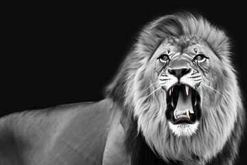 photo of a lion. black and white picture of a roaring lion, animal in the savannah. African predator concept