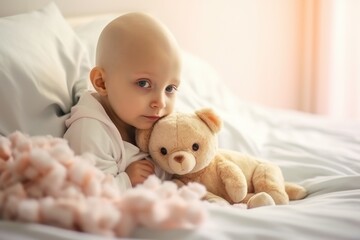 Little girls without hair with cancer in hospital bed - 709077730