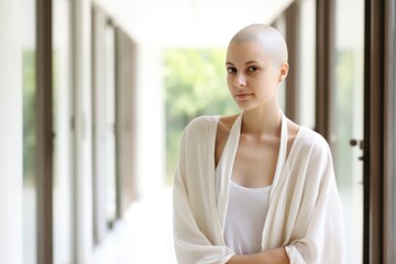 Young woman with cancer without hair indoors