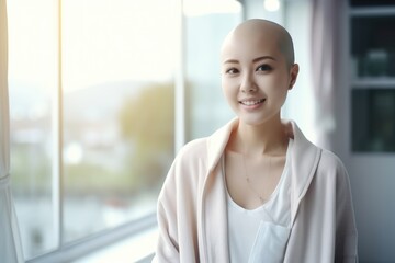 Young asian woman with cancer without hair indoors