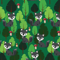Naklejka premium Vector drawing of wolf children in the forest. Bright colorful print for printing on fabric and packaging.
