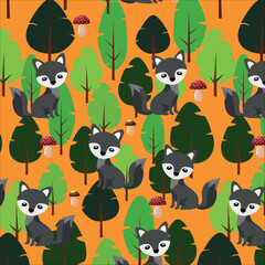Fototapeta premium Vector drawing of wolf children in the forest. Bright colorful print for printing on fabric and packaging.