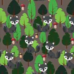 Vector drawing of wolf children in the forest. Bright colorful print for printing on fabric and packaging.