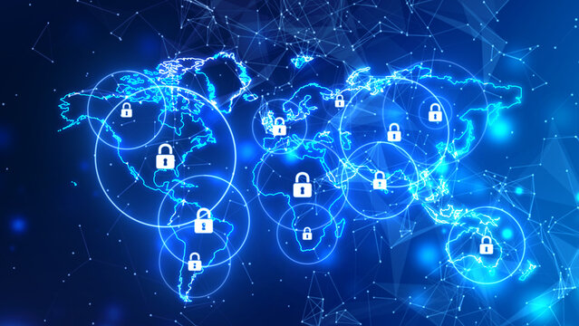 Cyber security and digital computer protection with padlock symbol and world Map, Global Data protection, Cyber Security Privacy. Business Technology Concept
