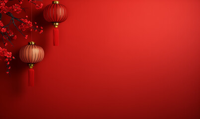 hanging Chinese lantern background in red, Lantern hanging on a red wall. Chinese background, Chinese New Year backdrop, Chinese New Year background, copy space for text. Generative Ai - obrazy, fototapety, plakaty