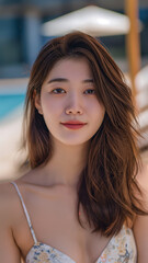 Fototapeta premium Portrait of beautiful Japanese women wearing swimwear with hotel background