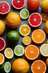 Citrus fruits cut into slices are laid out on the table