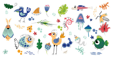 Vibrant Collection of Illustrated Animals and Nature Elements in a Whimsical Style. Isolated flat vector illustration