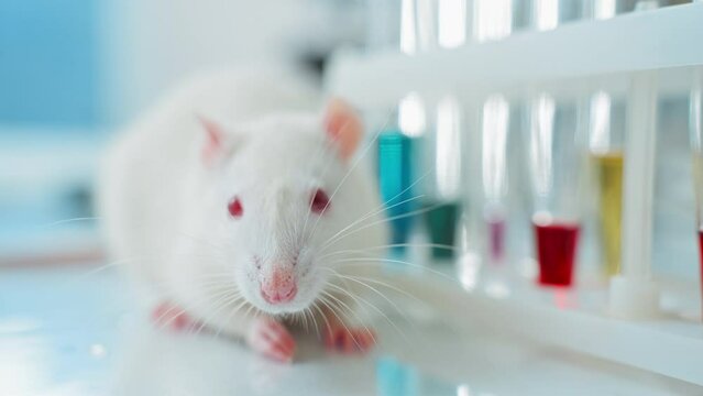 Animal testing in laboratory. rat in blue laboratorym animal experiments