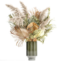 Bouquet of dried flowers vase glass palm leaf branch pampas isolated on white background 