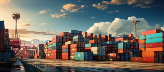 Stacks of Container Cargo in Container Logistics Industrial Port - obrazy, fototapety, plakaty