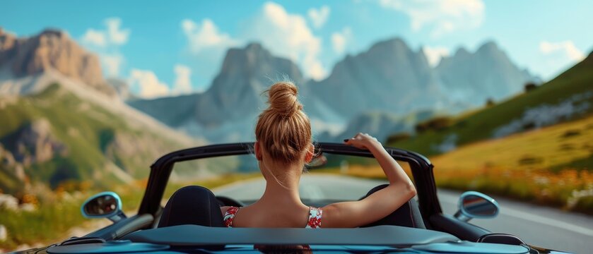 Happy blond hair woman enjoying summer on long road trip, luxury cabrio adventure, wealth and freedom lifestyle