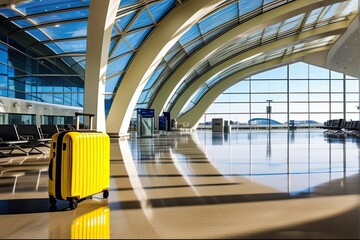 Fototapeta premium A yellow suitcase at the airport is a trip in a warm summer climate, a vacation tour. An empty hall without people. Copy space, mock up