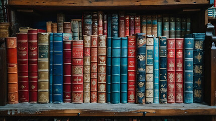 Old books on wooden shelf. Tiled Bookshelf background. Concept on the theme of history, nostalgia, old age. Retro style