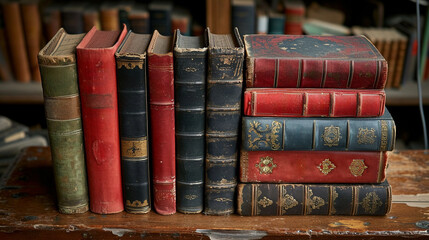 Old books on wooden shelf. Tiled Bookshelf background. Concept on the theme of history, nostalgia, old age. Retro style