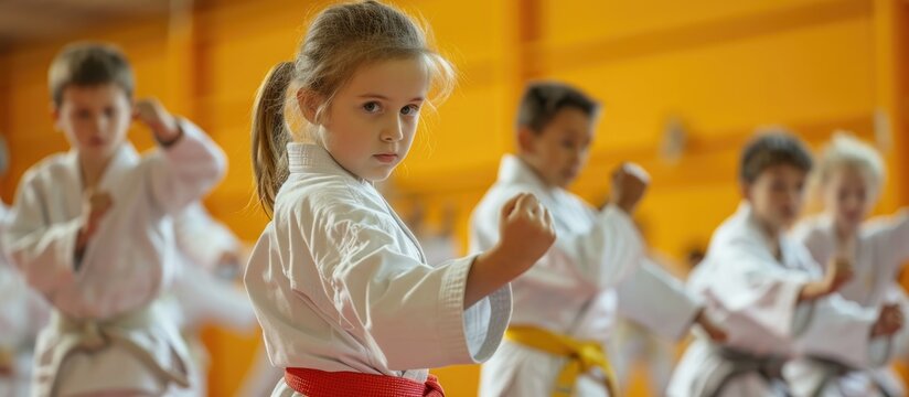 Children in karategi performing karate strikes.
