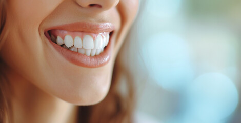 Fototapeta premium Girl with beautiful white teeth, oral hygene concept