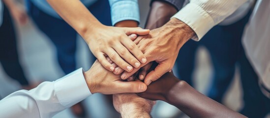 Diverse office workers joining hands symbolize strong productive teamwork. Cooperation and unity among business employees. - obrazy, fototapety, plakaty