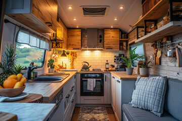 Stylish interior with various decorative elements in a modern trailer. House on wheels. Camping holidays. Camping vacation.