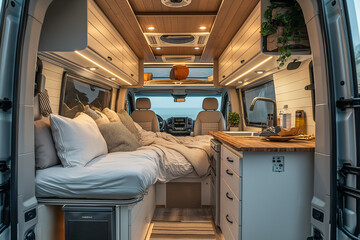 Stylish interior with various decorative elements in a modern trailer. House on wheels. Camping...