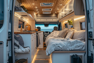 Stylish interior with various decorative elements in a modern trailer. House on wheels. Camping...