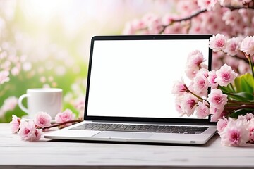Laptop with a white screen mock up on spring blooming background on table in apple orchard. Seasonal remote work, internet, shopping, spring time.