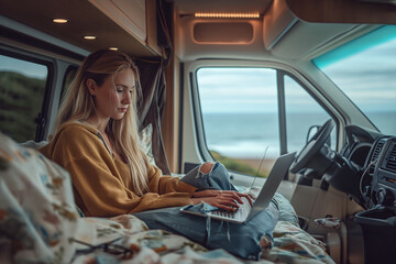 A beautiful woman in stylish clothes works with a laptop in a trailer, mobile home on the ocean. Freelancer. Work remotely. trailer home. Camping vacation