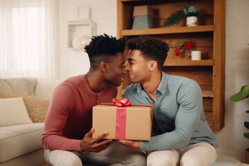 Two lovely men gay couple with present celebrating valentines day or birthday