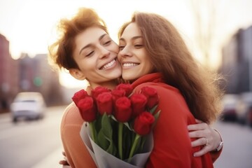 Two lovely woman lesbian couple have date on valentines day