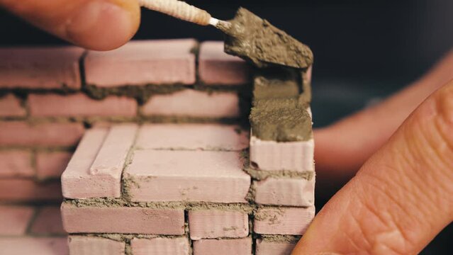 Miniature Brick House Construction with Trowel - Tiny Brickwork and Cement Wall