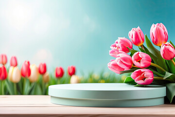 Podium for demonstration, display and montage of product, cosmetic with bright tulips spring decor. Spring time background, blooming, birthday, March 8, Easter, women's day. Copy space.  - obrazy, fototapety, plakaty