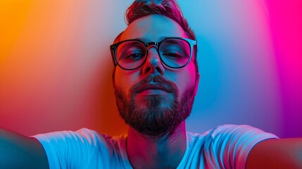 Making selfie in eyewear. Caucasian man's portrait on gradient studio background in neon light. Beautiful male model with hipster style. Concept of human emotions, facial expression, sales, ad.   