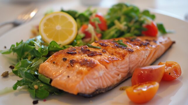 Salmon Delight: Herbed Fillet with Asparagus and Cherry Tomatoes on a Pristine Plate