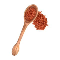 Wooden spoon with ground crumbly coffee. Illustration with watercolor and marker. Coffee powder from beans with Robusta and Arabica flavors. Top view. Coffee day. Hand drawing.