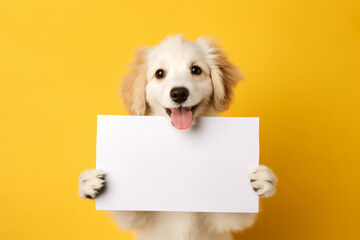 a happy puppy holds in its paws a white sheet of paper with a place for text,on a plain yellow...