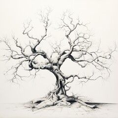 a biro drawing portraying the outline of an abstract, twisted tree - Generative AI