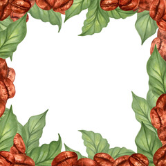 Square frame of coffee beans with leaves. Aroma of Robusta and Arabica varieties. Watercolor illustration. Coffee Day. Cappuccino, mocha, espresso, latte, chocolate ingredient. Isolated handmade art.