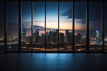 The silhouette of a modern city with multi-storey buildings at sunset in the evening - view from the panoramic window of the inside studio with free space on the floor