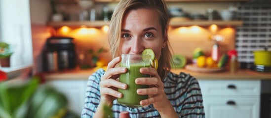 Sporty woman video calling while drinking detox juice at home. - obrazy, fototapety, plakaty
