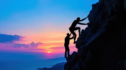 Silhouette of helping hand between two climber   