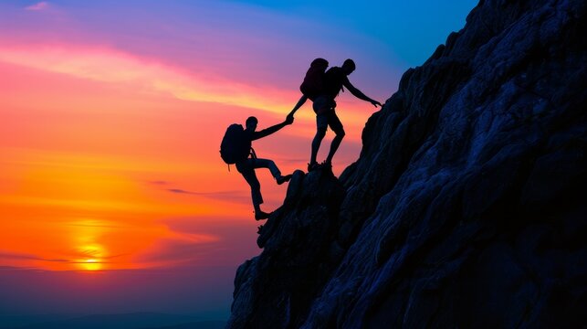 Silhouette of helping hand between two climber   