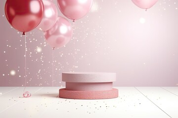 coral round podium for the presentation of luxury products. light pink balloons with gold glitter...