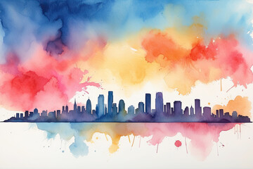 Watercolour silhouette of a modern city with multi-storey buildings at sunset in the evening. AI generated
