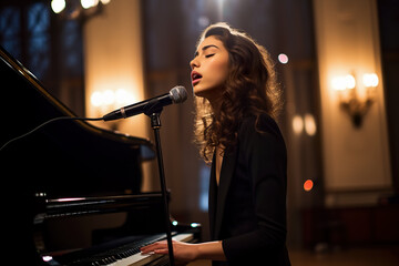 girl in a black tuxedo stands in front of a grand piano