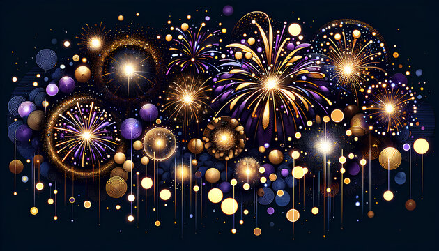 A detailed illustration capturing the vibrant and dynamic essence of fireworks in the night sky. The image is filled with bursts of golden and purple generative AI
